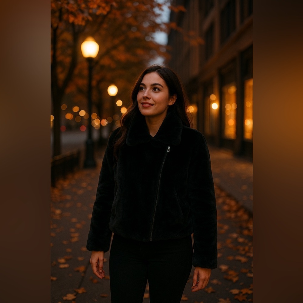 Amaryllis black faux fur asymmetrical zip jacket small EUC